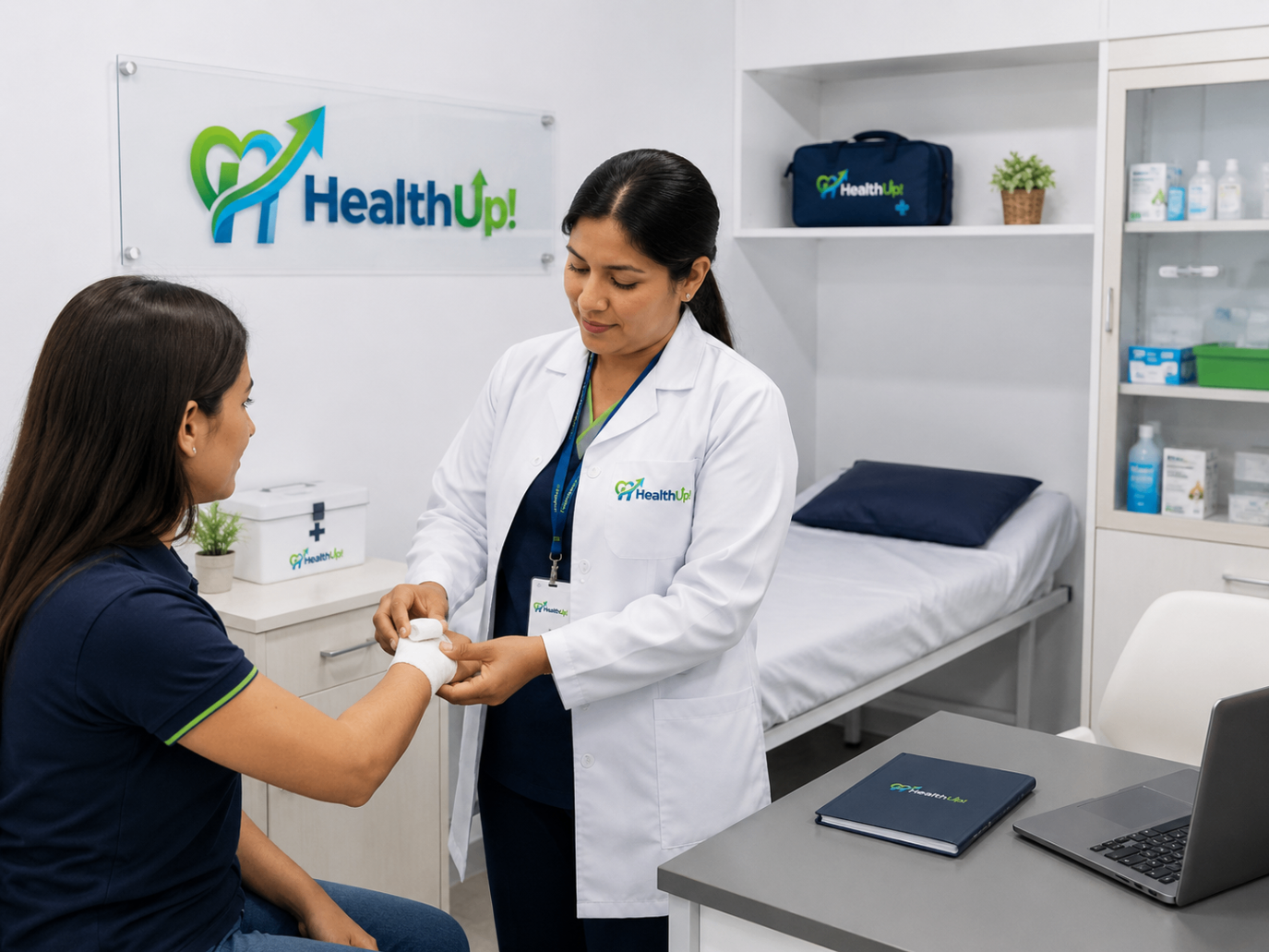 Enfermera de HealthUp atendiendo en un tópico empresarial