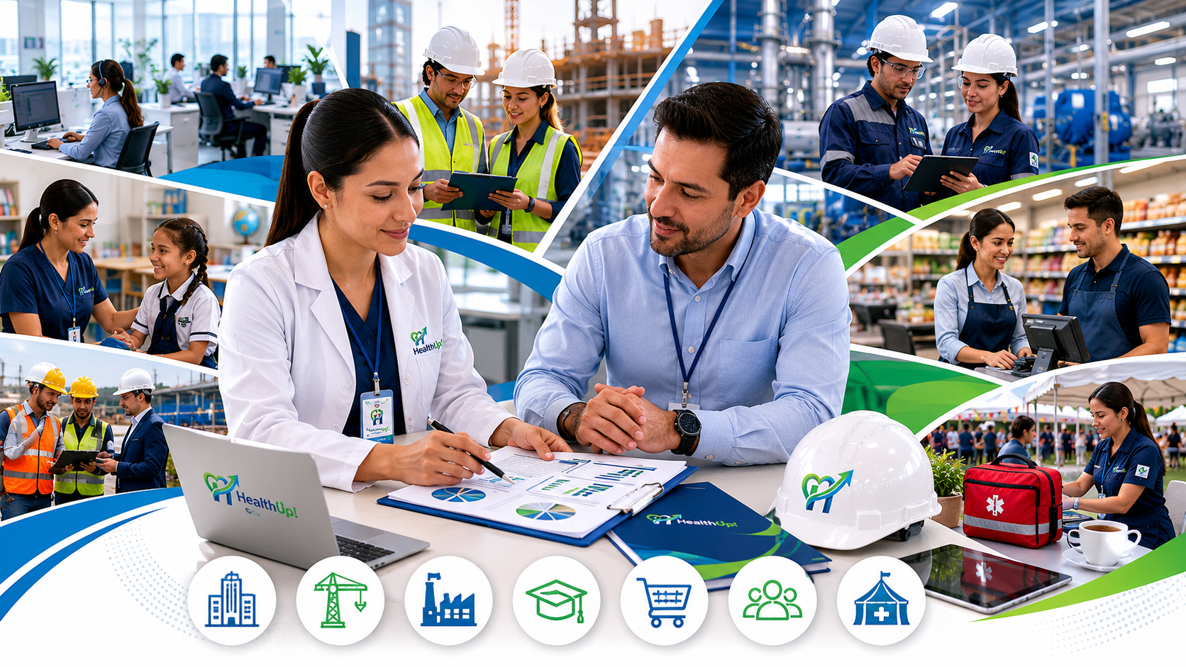 Colage de sectores atendidos por HealthUp: oficinas, industria, construcción, retail y colegios