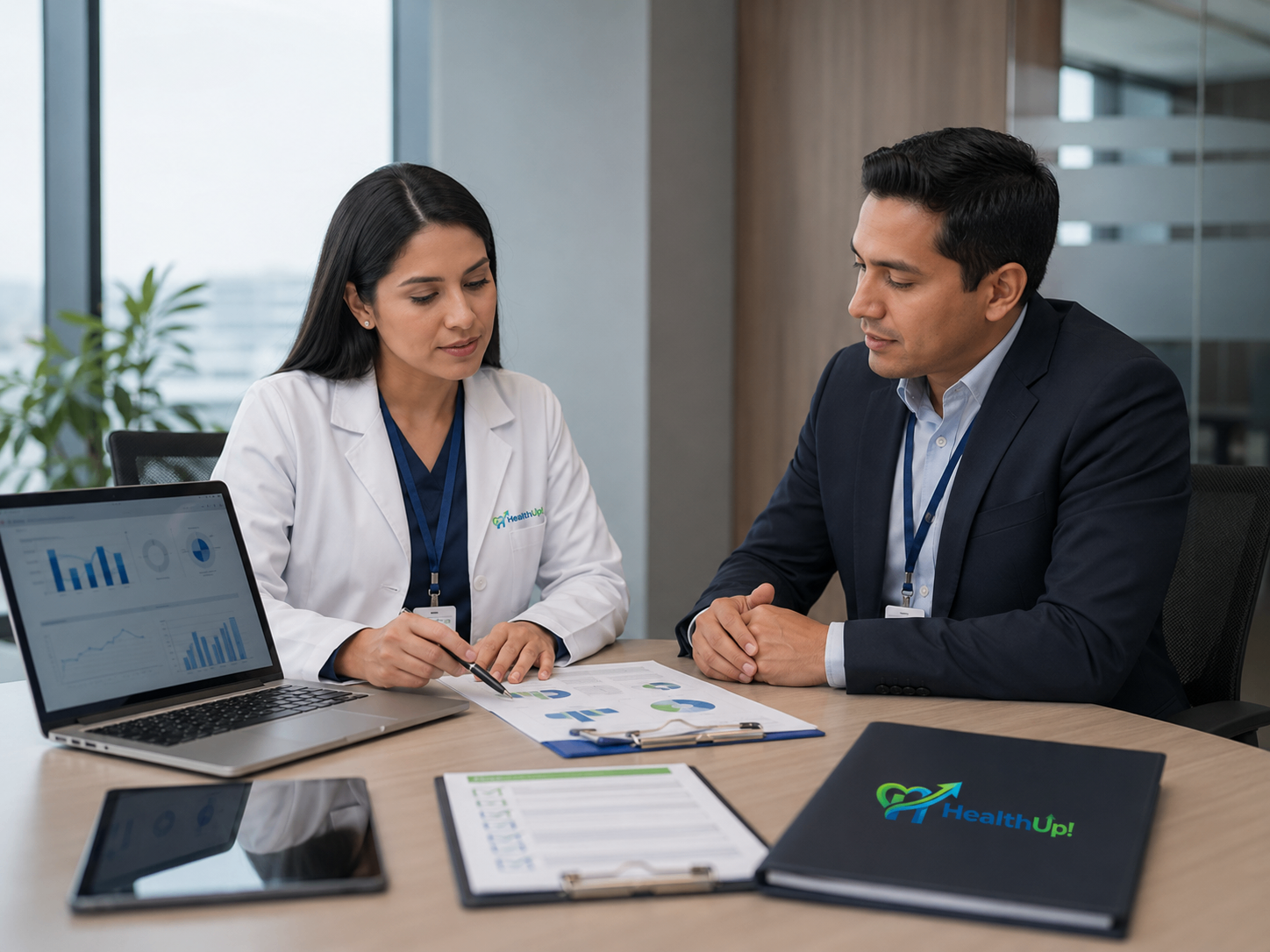 Personal de salud ocupacional revisando indicadores médicos con un trabajador en planta