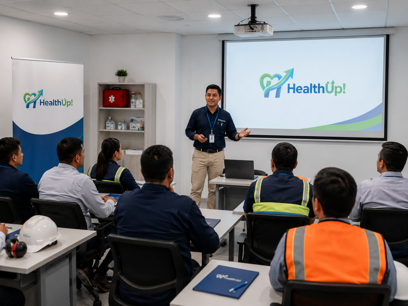 Instructor dictando capacitación en SST a un grupo de colaboradores