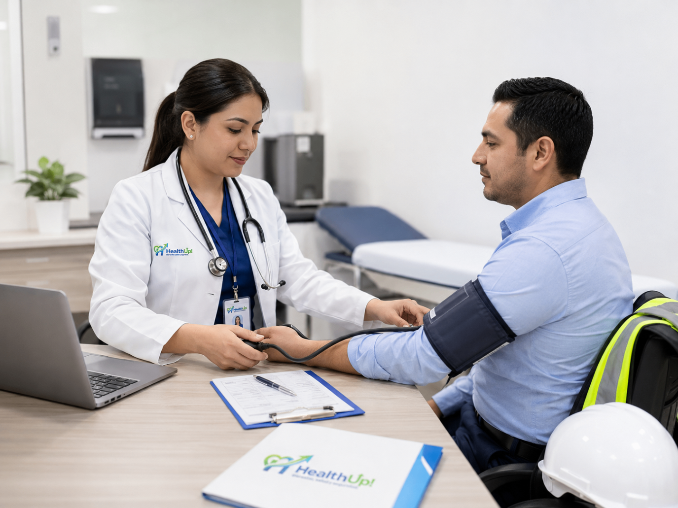 Médico ocupacional realizando un examen clínico a un trabajador en consulta