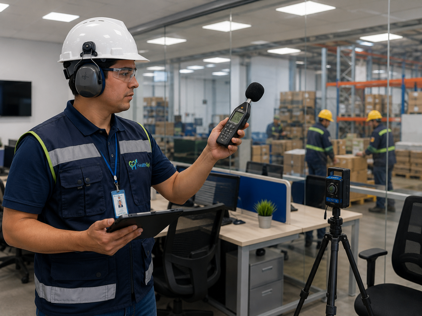 Técnico midiendo ruido y agentes ambientales en planta industrial