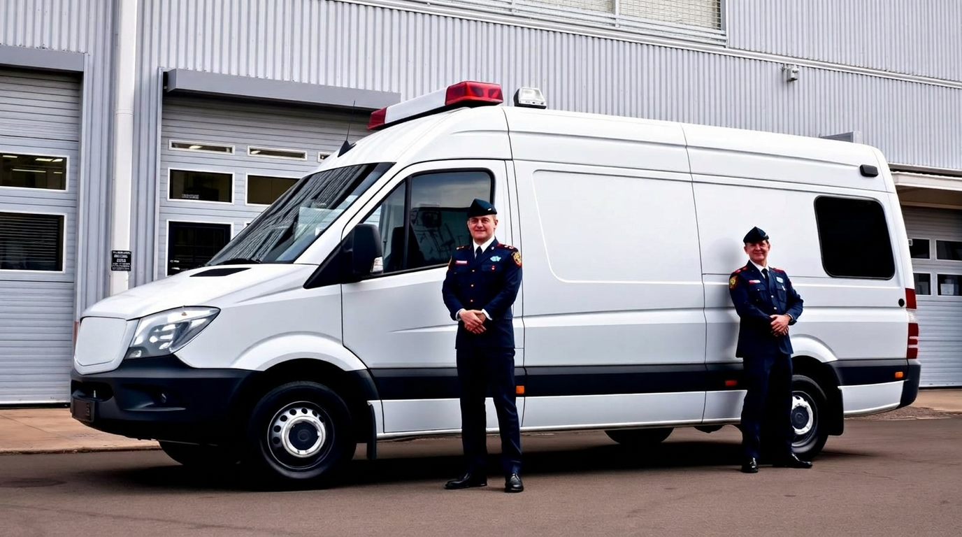 Ambulancia y equipo paramédico fuera de instalación industrial