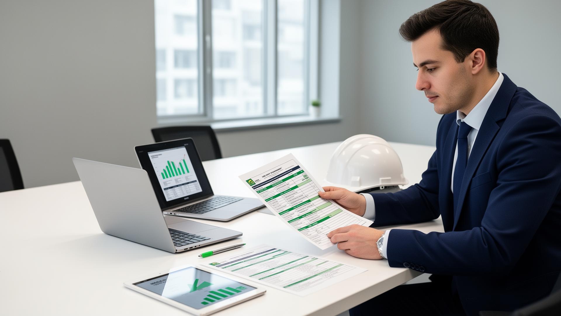 Consultor revisando documentos de un Sistema de Gestión de SST en oficina