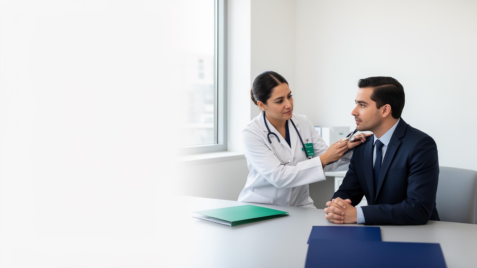 Médico ocupacional realizando un examen clínico a un trabajador en consulta
