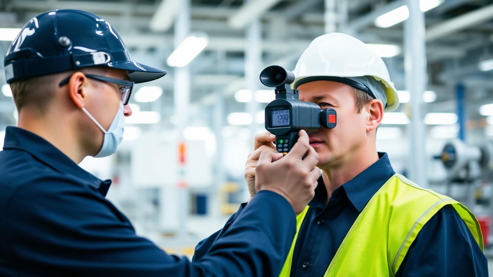 Técnico midiendo ruido y agentes ambientales en planta industrial
