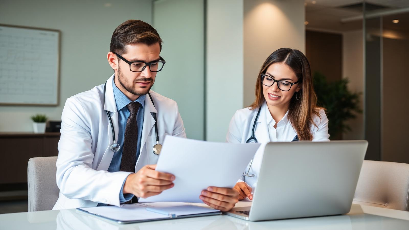 Profesionales médico-legales revisando un expediente en oficina