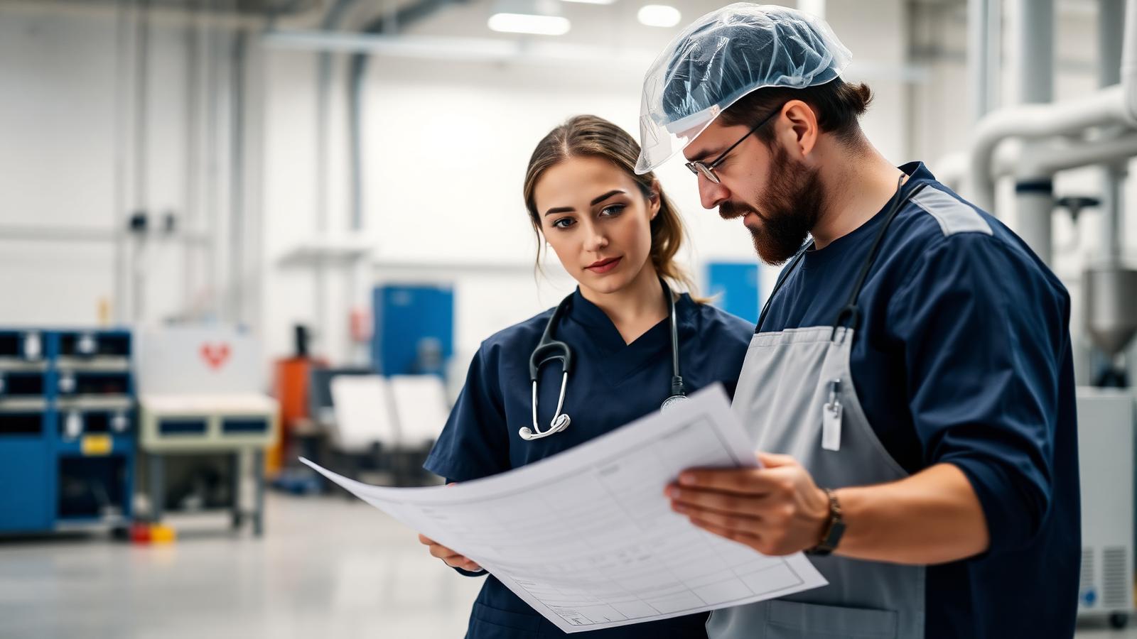 Personal de salud ocupacional revisando indicadores médicos con un trabajador en planta