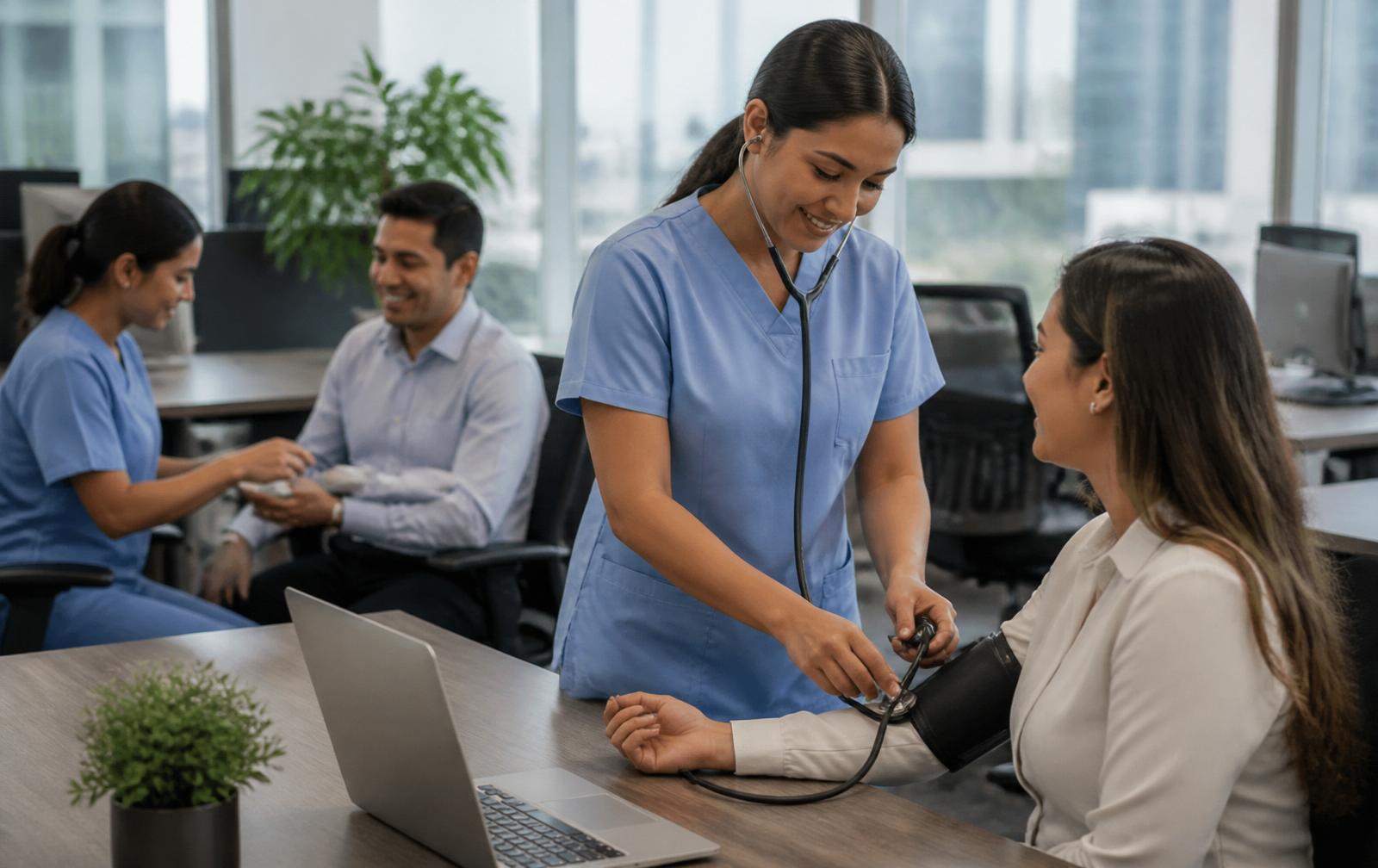 Personal de HealthUp realizando tamizaje en campaña médica dentro de una empresa